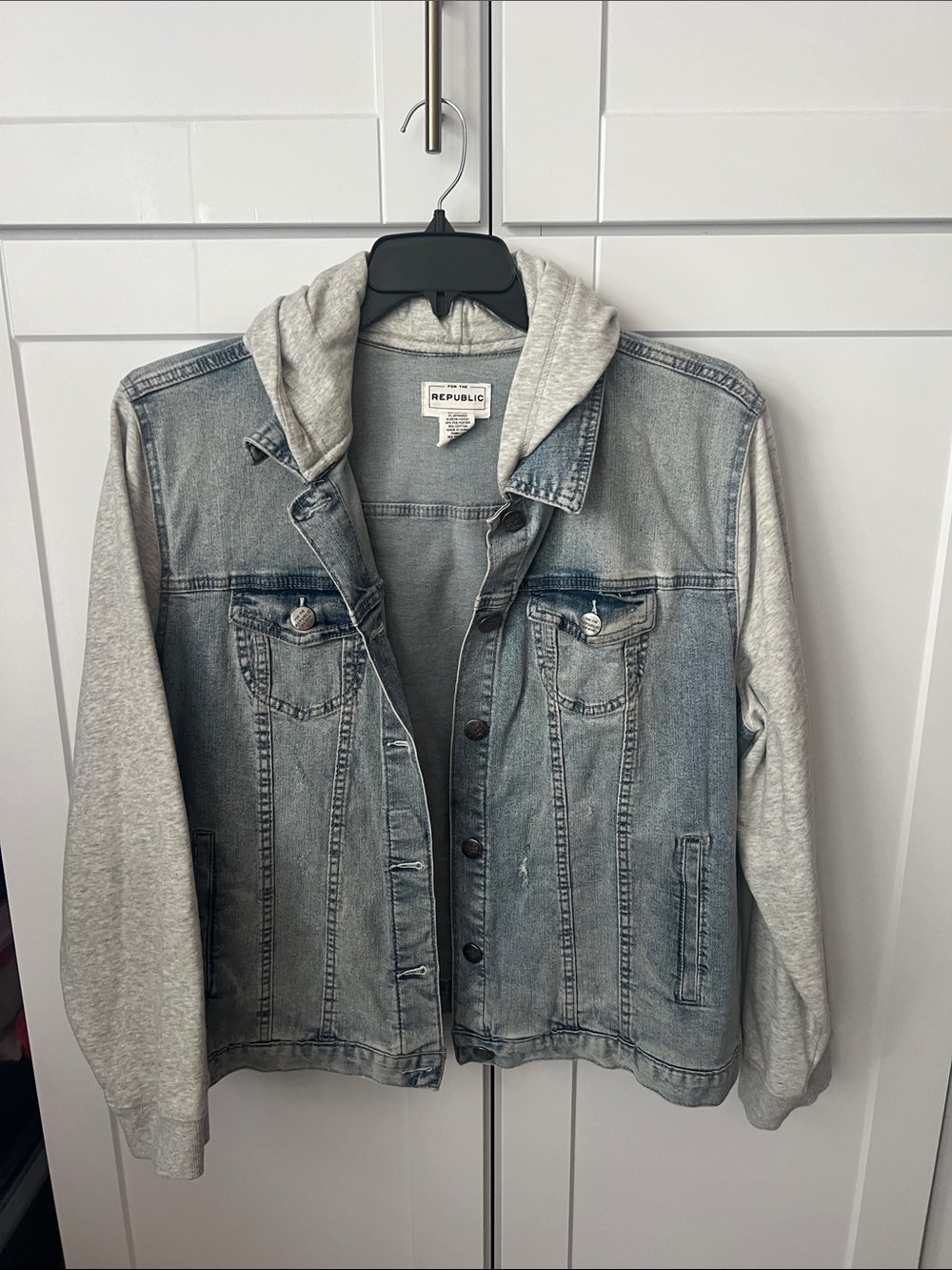 For The Republic Light Wash Denim Jacket with Gray Hoodie Sleeves